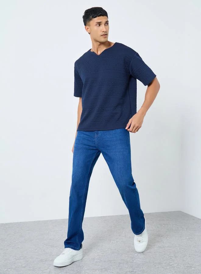 Styli Styli Navy Blue Textured Oversized Notch Neck T-Shirt
