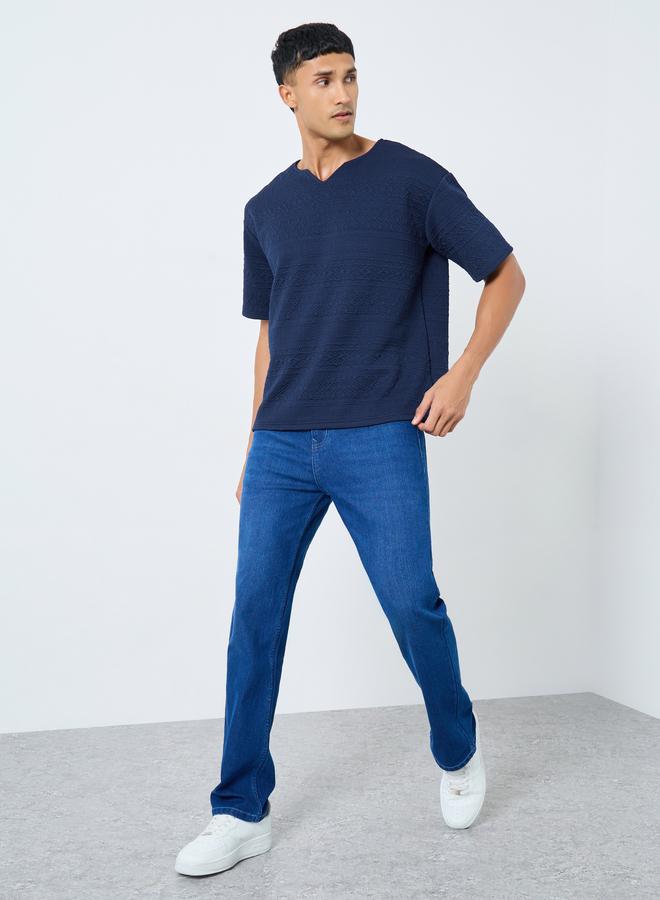 Styli Navy Blue Textured Oversized Notch Neck T-Shirt - Image 2