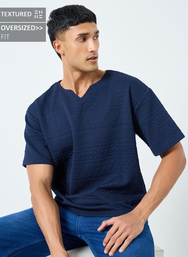 Styli Navy Blue Textured Oversized Notch Neck T-Shirt - Image 1