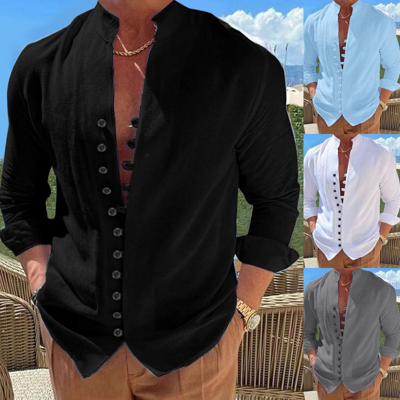 2023 New Linen Button Casual Shirt Summer Shirt Collar Summer Daily Casual Clothing - Image 2