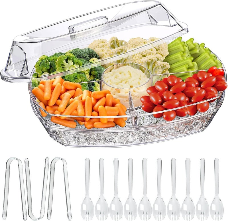 LIMOEASY Chilled Veggie Tray, 15 Inch Clear Party Platter with 4 Compartments, Ice Serving Bowl with Lid, Cold Food Buffet Server for Fruit, Vegetable, Appetizer, Shrimp - Image 1