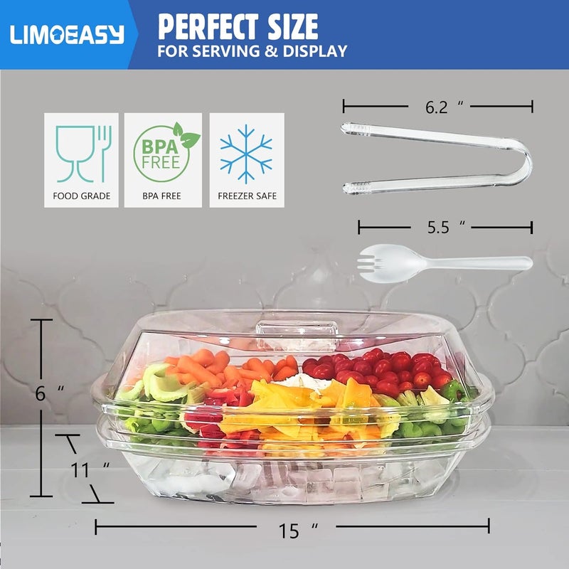 LIMOEASY Chilled Veggie Tray, 15 Inch Clear Party Platter with 4 Compartments, Ice Serving Bowl with Lid, Cold Food Buffet Server for Fruit, Vegetable, Appetizer, Shrimp - Image 3