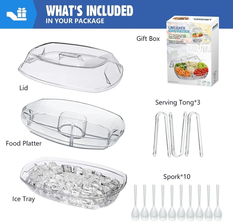 LIMOEASY Chilled Veggie Tray, 15 Inch Clear Party Platter with 4 Compartments, Ice Serving Bowl with Lid, Cold Food Buffet Server for Fruit, Vegetable, Appetizer, Shrimp - Image 2