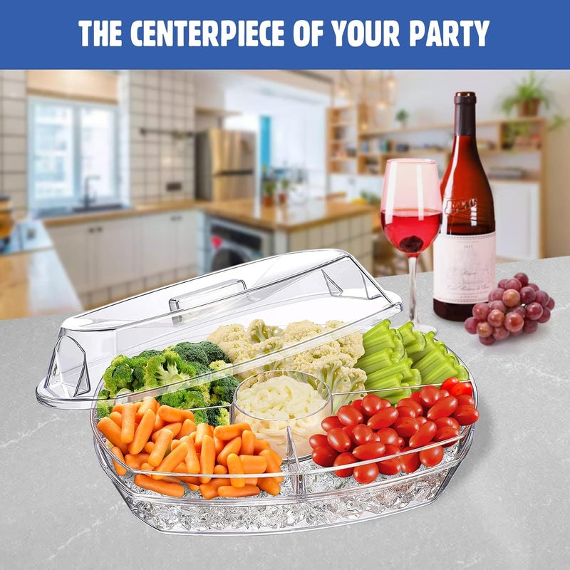 LIMOEASY Chilled Veggie Tray, 15 Inch Clear Party Platter with 4 Compartments, Ice Serving Bowl with Lid, Cold Food Buffet Server for Fruit, Vegetable, Appetizer, Shrimp - Image 4