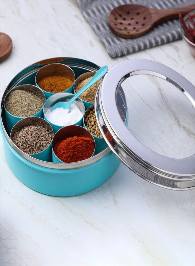 Dudki 7 In 1 Stainless Steel Spice Box For Kitchen Sturdy Masala Dabba Jar For Spices Minimal Design (Aqua), Blue - Image 1