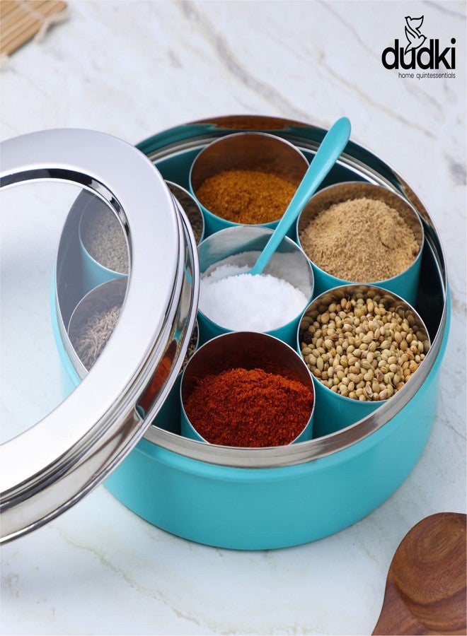 Dudki 7 In 1 Stainless Steel Spice Box For Kitchen Sturdy Masala Dabba Jar For Spices Minimal Design (Aqua), Blue - Image 2