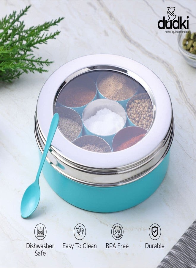 Dudki 7 In 1 Stainless Steel Spice Box For Kitchen Sturdy Masala Dabba Jar For Spices Minimal Design (Aqua), Blue - Image 3