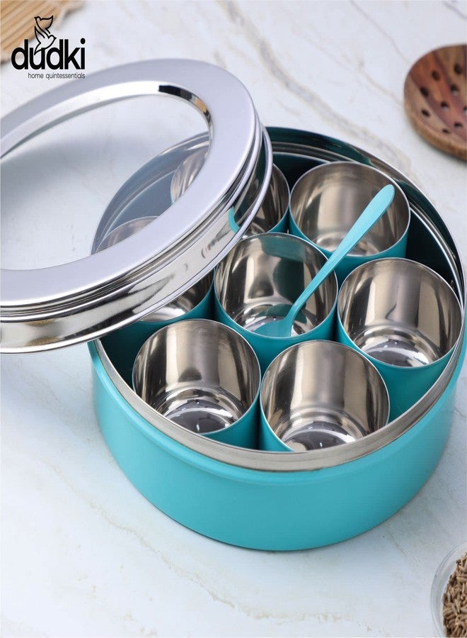 Dudki 7 In 1 Stainless Steel Spice Box For Kitchen Sturdy Masala Dabba Jar For Spices Minimal Design (Aqua), Blue - Image 4