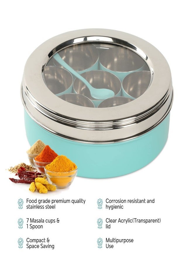 Dudki 7 In 1 Stainless Steel Spice Box For Kitchen Sturdy Masala Dabba Jar For Spices Minimal Design (Aqua), Blue - Image 5
