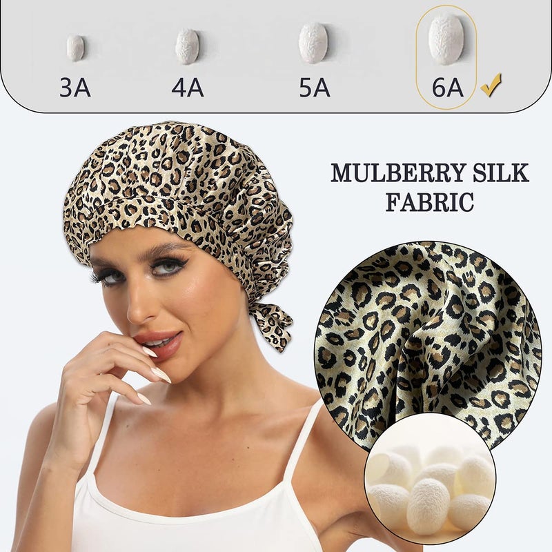 Cocheng 100% Mulberry Silk Bonnet For Sleeping Double Layer Silk Sleep Cap With Adjustable Tie Band 19 Momme Breathable & Adjustable Silk Hair Bonnet (Leopard) - Image 2