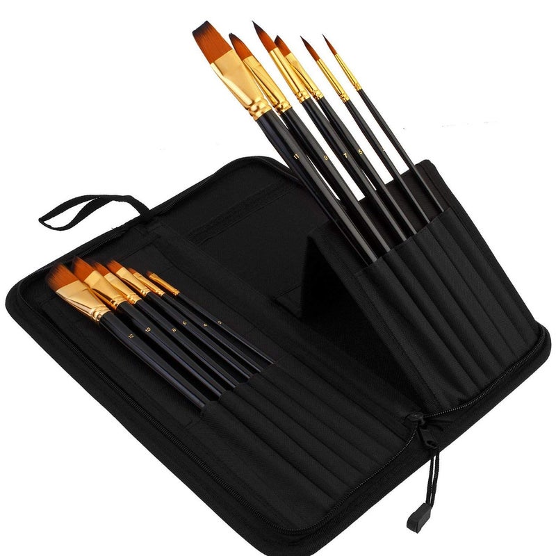 Qatalitic Set of 12 Professional Exclusive Fine Art Long Handled Premium Paint Brush Set Zippered Carry Bag with Pop Up Stands for Oil Acrylic Watercolor Painting