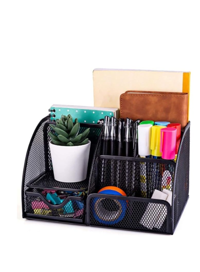 Terabyte Mesh Desk Organizer Office Supplies Multi-Functional Caddy Pen Holder Stationery Organizer for Office, Home, School, Classroom (6 Compartments and 1 Drawer) - Image 1