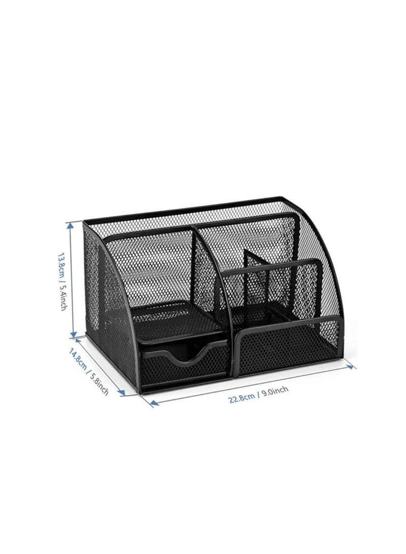 Terabyte Mesh Desk Organizer Office Supplies Multi-Functional Caddy Pen Holder Stationery Organizer for Office, Home, School, Classroom (6 Compartments and 1 Drawer) - Image 2
