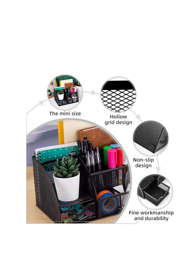 Terabyte Mesh Desk Organizer Office Supplies Multi-Functional Caddy Pen Holder Stationery Organizer for Office, Home, School, Classroom (6 Compartments and 1 Drawer) - Image 4