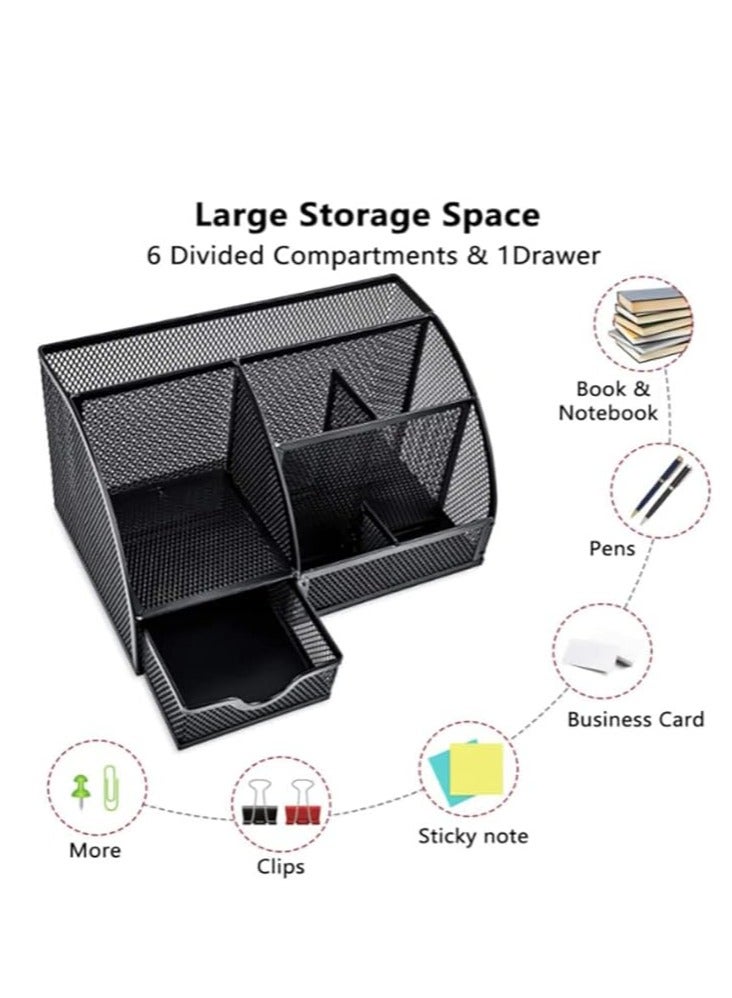 Terabyte Mesh Desk Organizer Office Supplies Multi-Functional Caddy Pen Holder Stationery Organizer for Office, Home, School, Classroom (6 Compartments and 1 Drawer) - Image 5