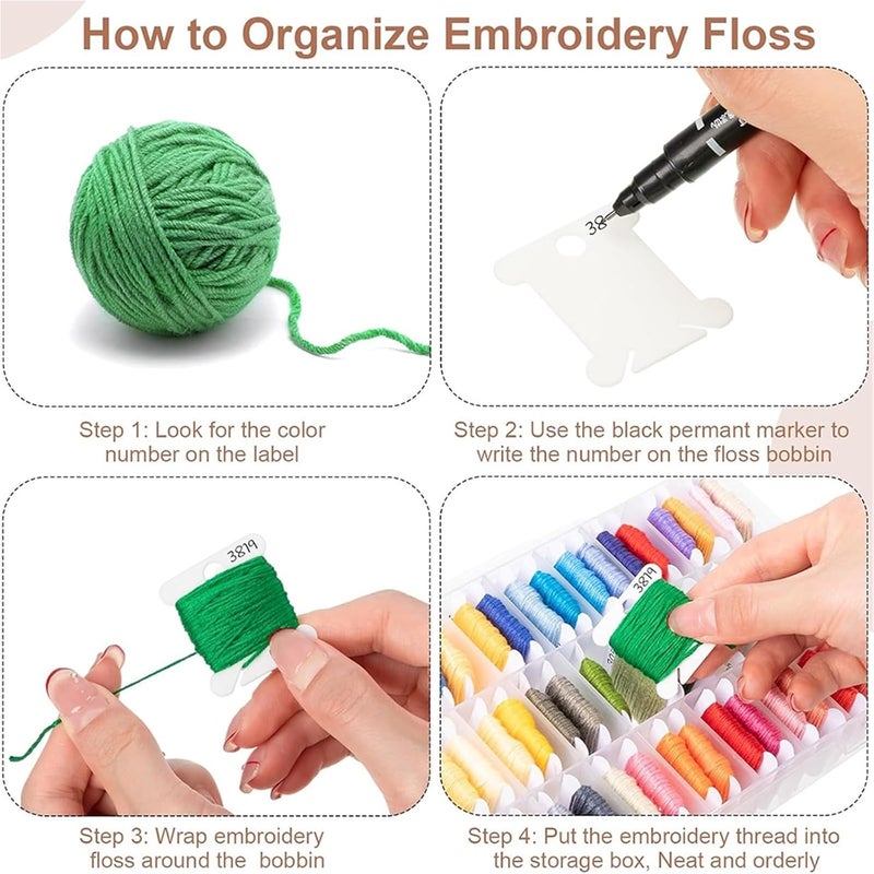 Sewing Bobbins 24 Grid Embroidery Floss Storage Box Tools with Plastic Floss Bobbin Embroidery Floss Winder & Marker - Image 4