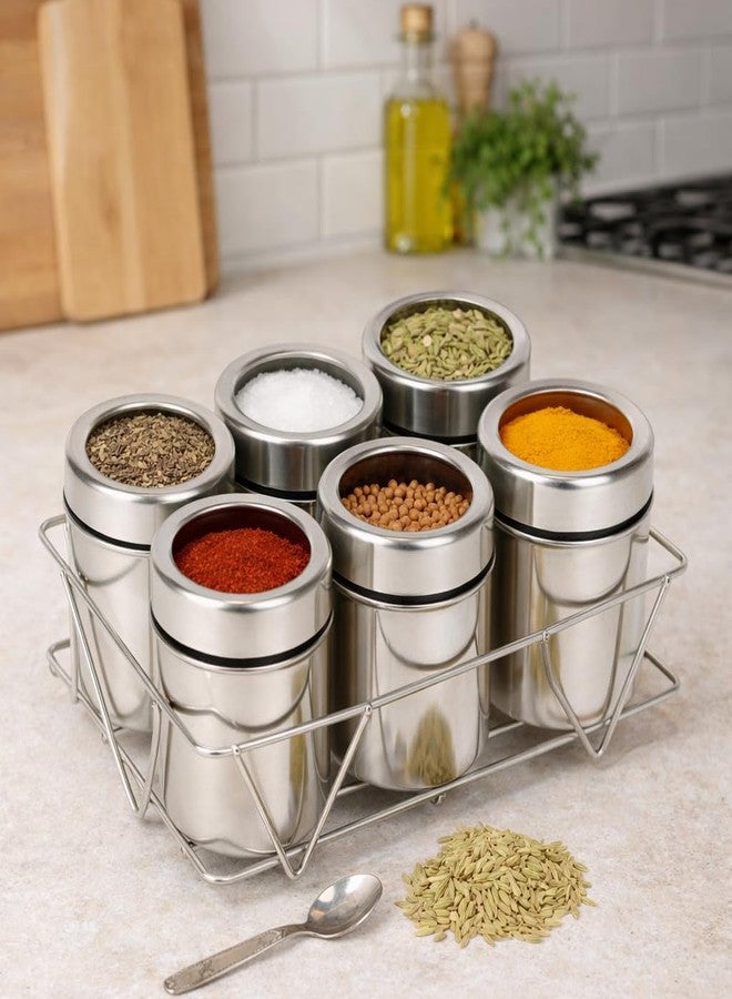 VISAXMI Stainless Steel Spice Container Set with Stand | 6-Piece Masala Box with Spoon | Steel Spice Jars for Kitchen Storage | Masala Container for Kitchen - Image 1