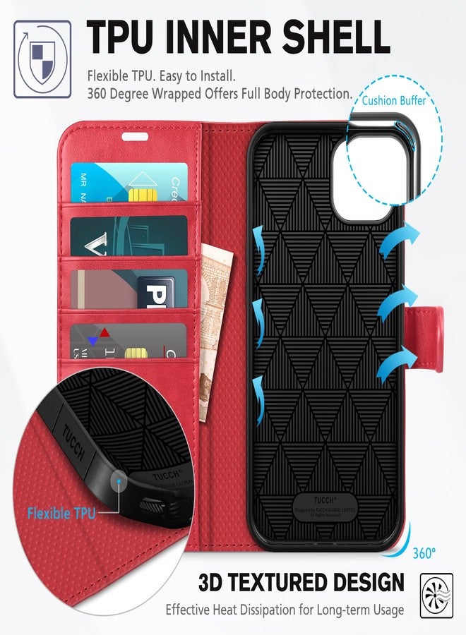 TUCCH Wallet Case for iPhone 14 Plus,[RFID Blocking] 4 Card Holder Stand [Shockproof TPU Interior Case] PU Leather Magnetic Flip Cover Compatible with iPhone 14 Plus 6.7",Red - Image 4