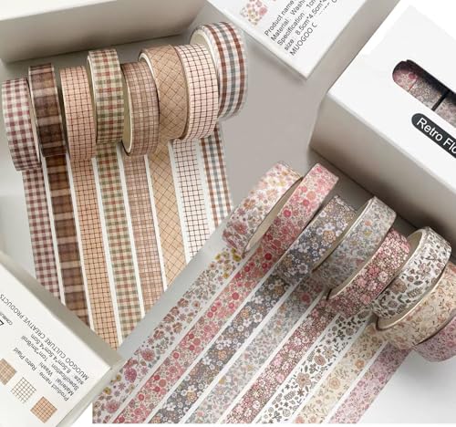 Djenpinex 16Rolls Vintage Washi Tape Set Plaid washi Tape Thin Decorative Tapes for Arts DIY Crafts Journals Planners Wrapping Tapes for Scrapbook SuppliesBulletGift Wrapping - Image 1