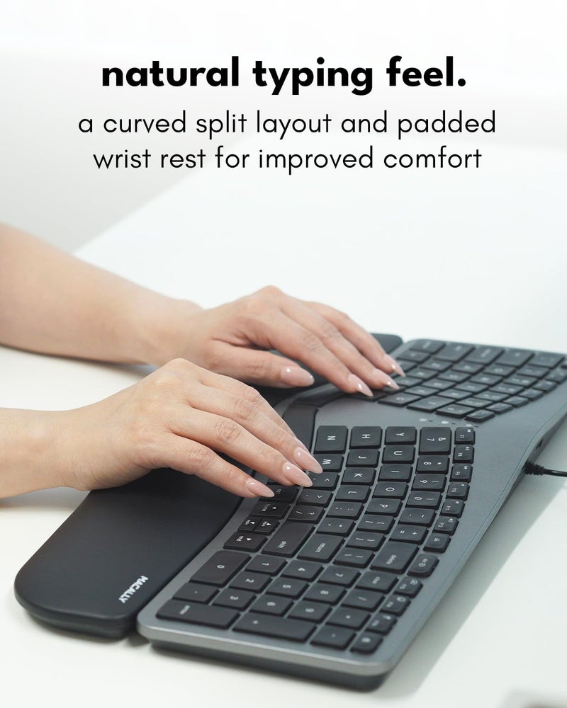 Macally Wired Ergonomic Keyboard for Mac - USB Hub, Backlit Keys, Dual USB C + A Plug, Split Design, Padded Wrist Cushion - Compatible Apple Keyboard for MacBook Pro/Air, iMac, iPad - Space Gray - Image 2