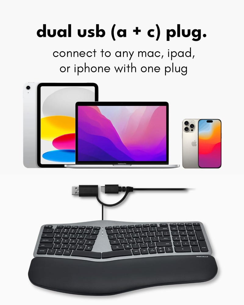 Macally Wired Ergonomic Keyboard for Mac - USB Hub, Backlit Keys, Dual USB C + A Plug, Split Design, Padded Wrist Cushion - Compatible Apple Keyboard for MacBook Pro/Air, iMac, iPad - Space Gray - Image 3