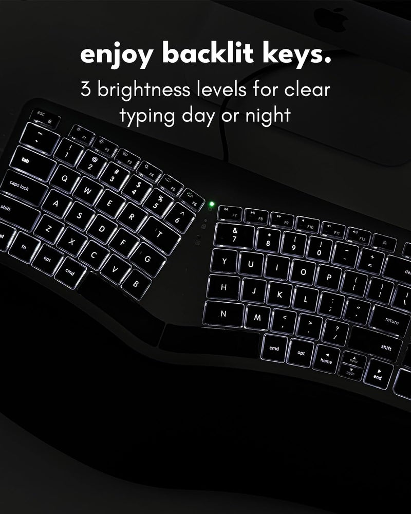 Macally Wired Ergonomic Keyboard for Mac - USB Hub, Backlit Keys, Dual USB C + A Plug, Split Design, Padded Wrist Cushion - Compatible Apple Keyboard for MacBook Pro/Air, iMac, iPad - Space Gray - Image 5