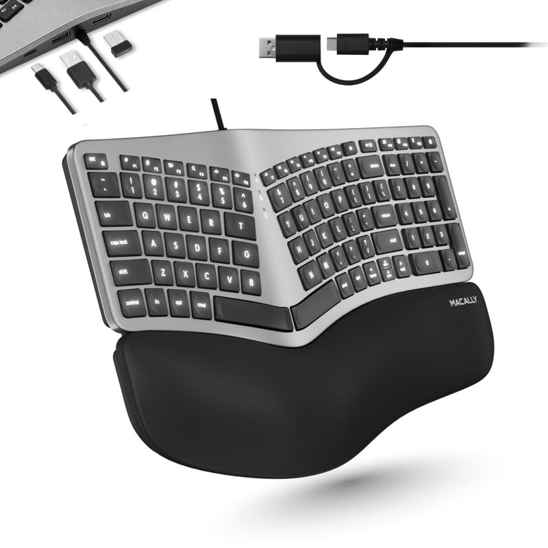 Macally Wired Ergonomic Keyboard for Mac - USB Hub, Backlit Keys, Dual USB C + A Plug, Split Design, Padded Wrist Cushion - Compatible Apple Keyboard for MacBook Pro/Air, iMac, iPad - Space Gray - Image 1