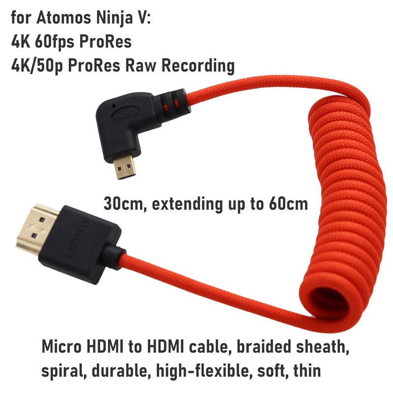 كابل من Micro-HDMI إلى HDMI 8K 4K 60p بربطانة حمراء ملفوف 30 سم لـ Canon R5C R8 R10 Sony A7C A7RIV X-T50 Sigma FP Camera ATOMOS Ninja V Ultra Feelword Monitor، النوع A D HDMI 2.1 - Image 3