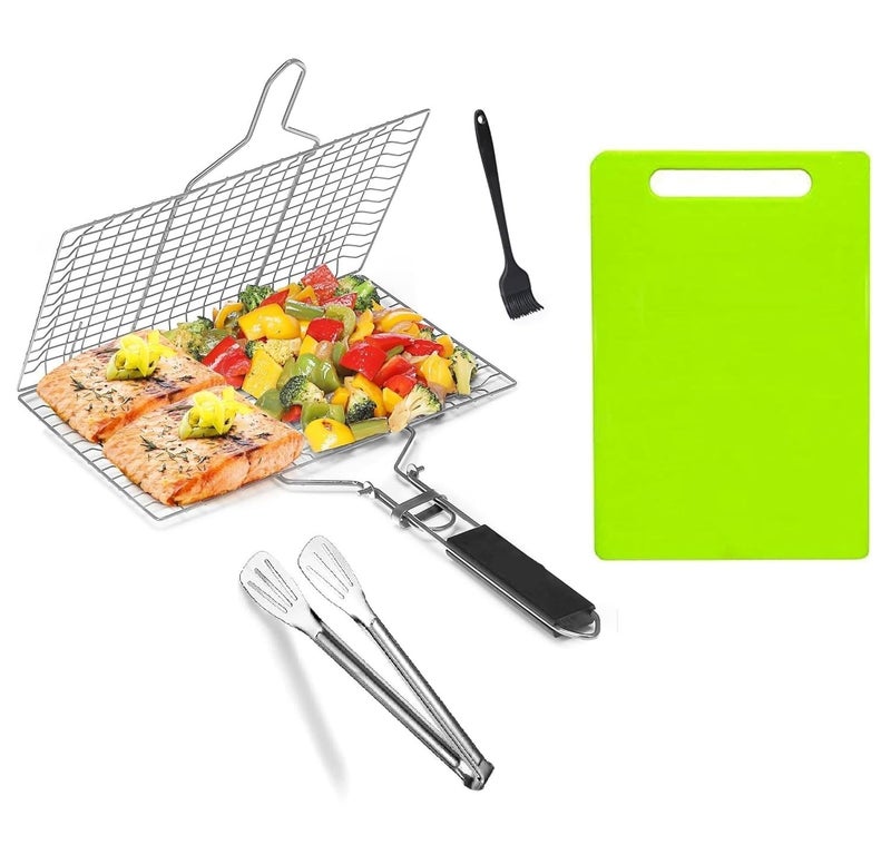 Freshome Portable BBQ Grill Basket with Tongs, Steel Construction, vegetable chopping board, BBQ gravy brush Multi-Purpose Grilling Net (BBQNET-Board-TNG) - Image 1