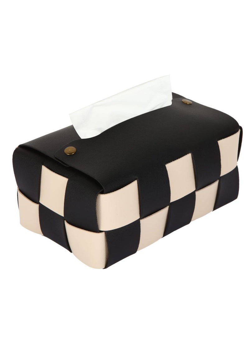 Y&D Tissue Box Cover, Rectangular Holder, Modern PU Leather, Stylish Checkerboard for Living Room, Decorative Shelf, Bathroom Counter Top, Bedside Table, Desk, Black  - Image 1