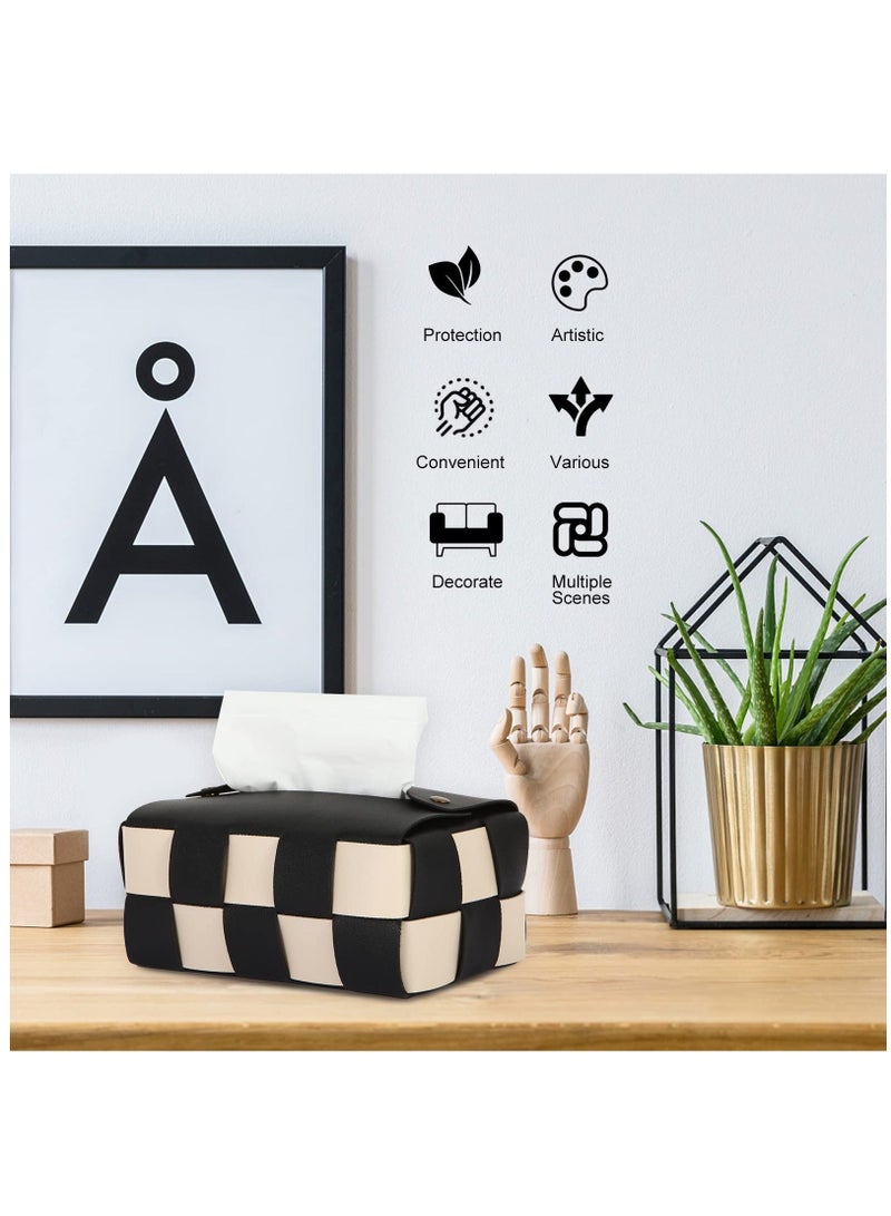 Y&D Tissue Box Cover, Rectangular Holder, Modern PU Leather, Stylish Checkerboard for Living Room, Decorative Shelf, Bathroom Counter Top, Bedside Table, Desk, Black  - Image 3