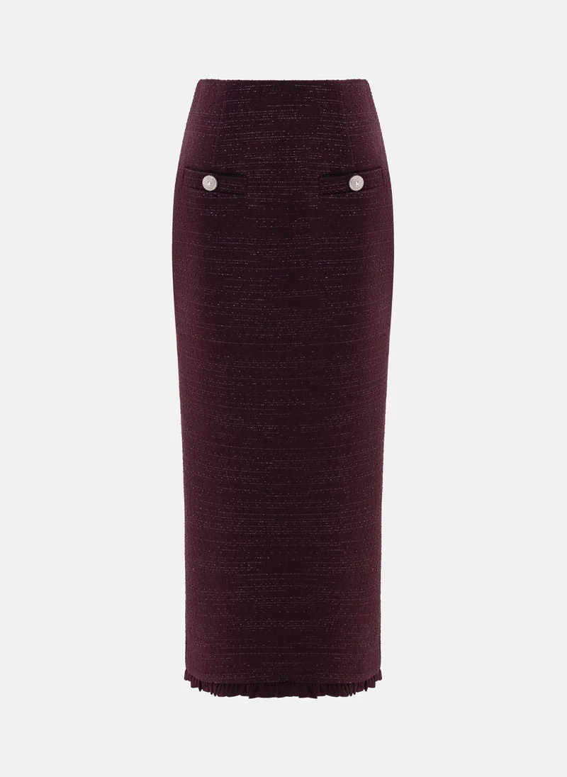 Lichi Straight-cut tweed midi skirt with ruffles