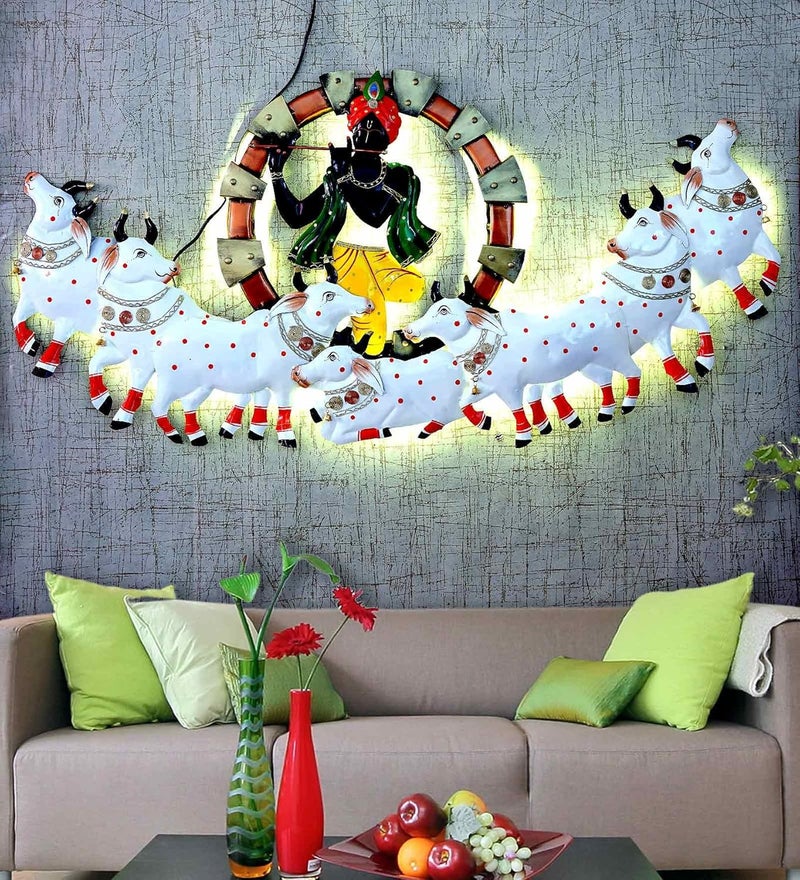 CRAFT TREE Religious Elegant Decorative Krishna Flute with Cow Wall Hanging Iron Showpiece Multicolor in White Color