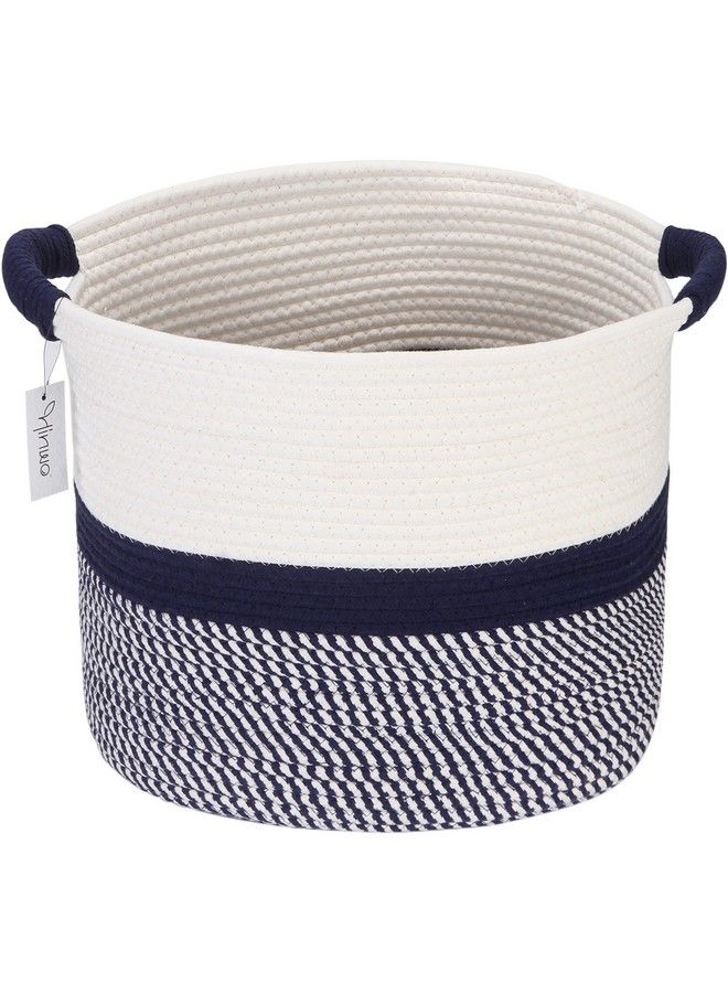 Hinwo سلة تخزين بيضاوية من حبل قطني قابلة للطي مع مقابض لتخزين أدوات الأطفال مقاس 16 × 13 بوصة باللون الأبيض العتيق والأزرق الداكن - Image 2