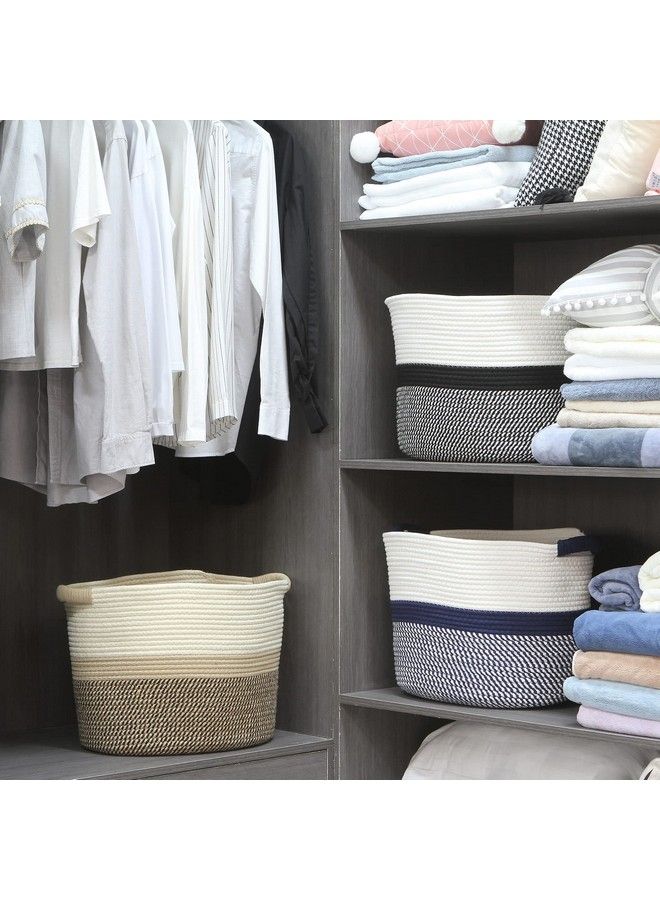 Hinwo سلة تخزين بيضاوية من حبل قطني قابلة للطي مع مقابض لتخزين أدوات الأطفال مقاس 16 × 13 بوصة باللون الأبيض العتيق والأزرق الداكن - Image 4