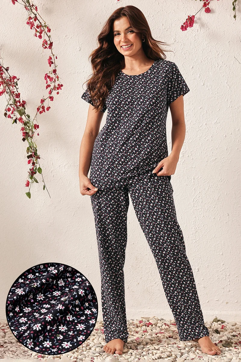Clovia Clovia Floral Print T-shirt & Pyjama Set in Dark Blue - 100% Cotton