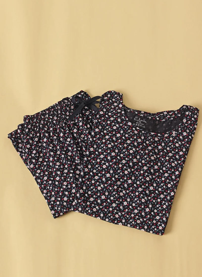 كلوفيا Clovia Floral Print T-shirt & Pyjama Set in Dark Blue - 100% Cotton