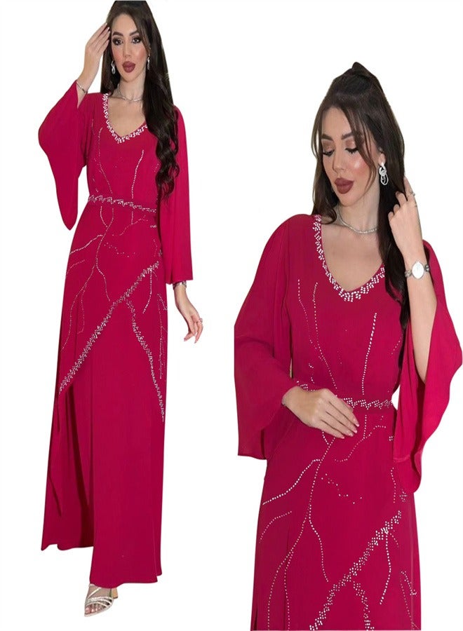 Loquat Long Sleeved Chiffon Jumpsuit Jalabiya  Musilm Red  - Image 2