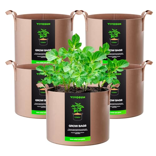 VIVOSUN VIVOSUN 5Pack 10 Gallons Grow Bags Heavy Duty Thickened Nonwoven Fabric Pots with Strap Handles Tan