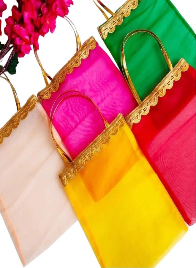 Brown Leaf Fancy Tissue Fabric Bag With Golden Leather Strip Potli Bag For Wedding Anniversary Haldi Mehndi Party Favours Return Gifting Bags (Pack Of 20) - Image 1