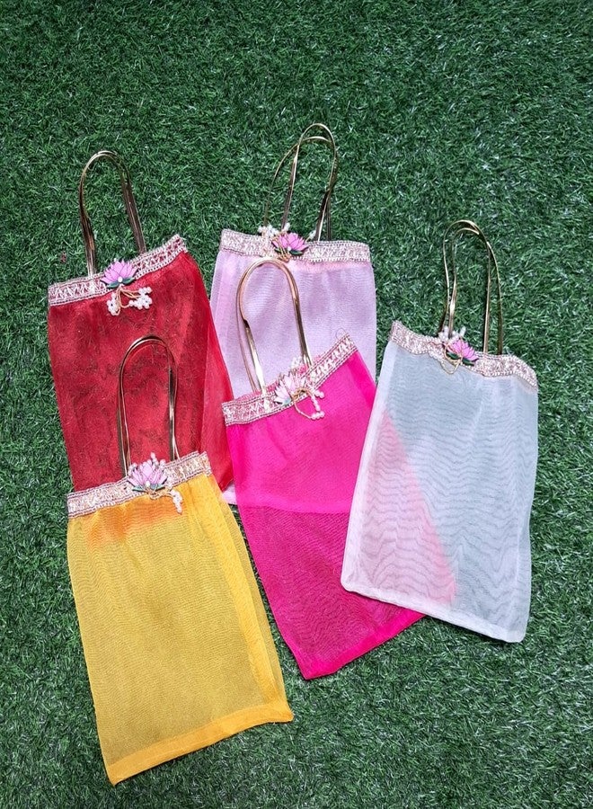 Brown Leaf Fancy Tissue Fabric Bag With Golden Leather Strip Potli Bag For Wedding Anniversary Haldi Mehndi Party Favours Return Gifting Bags (Pack Of 20) - Image 3