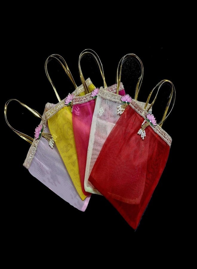 Brown Leaf Fancy Tissue Fabric Bag With Golden Leather Strip Potli Bag For Wedding Anniversary Haldi Mehndi Party Favours Return Gifting Bags (Pack Of 20) - Image 5