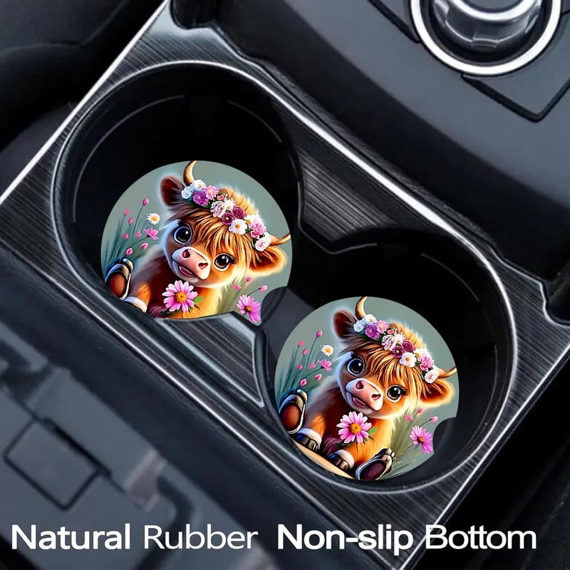 Ldntly Car Coasters for Cup Holders,2 Pack Highland Cow Floral Car Coasters,2.75" Universal Size Anti Slip Rubber Mat,Automotive Cup Holder Gifts for Cow Lovers for Women,Men,Mom - Image 2