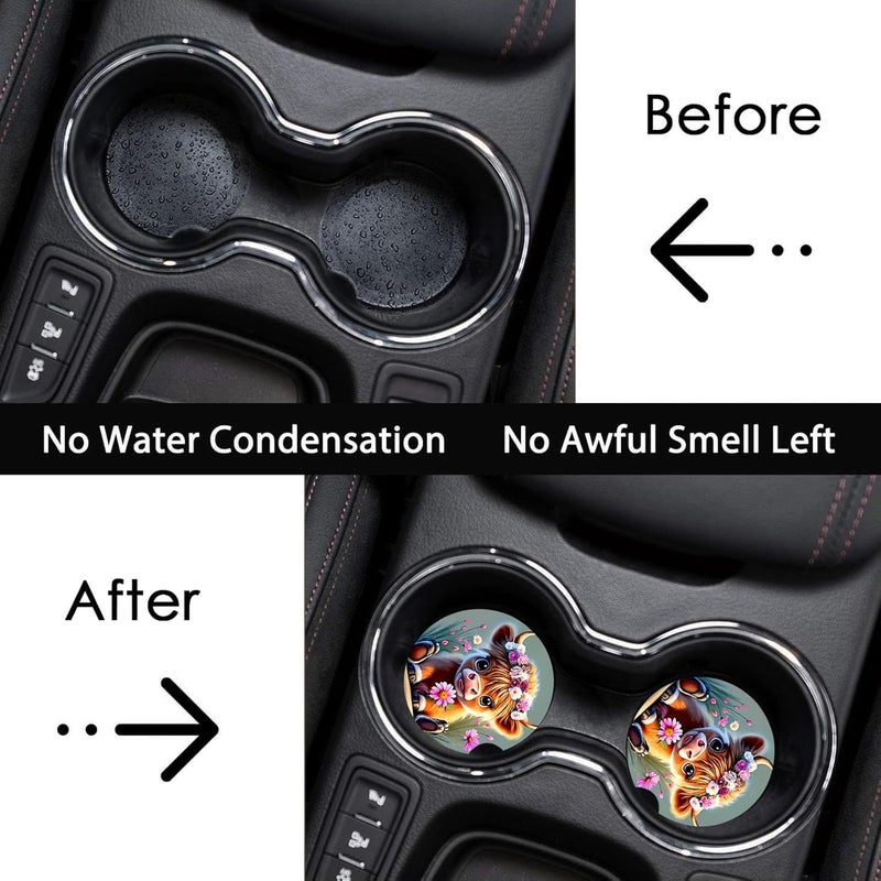Ldntly Car Coasters for Cup Holders,2 Pack Highland Cow Floral Car Coasters,2.75" Universal Size Anti Slip Rubber Mat,Automotive Cup Holder Gifts for Cow Lovers for Women,Men,Mom - Image 3