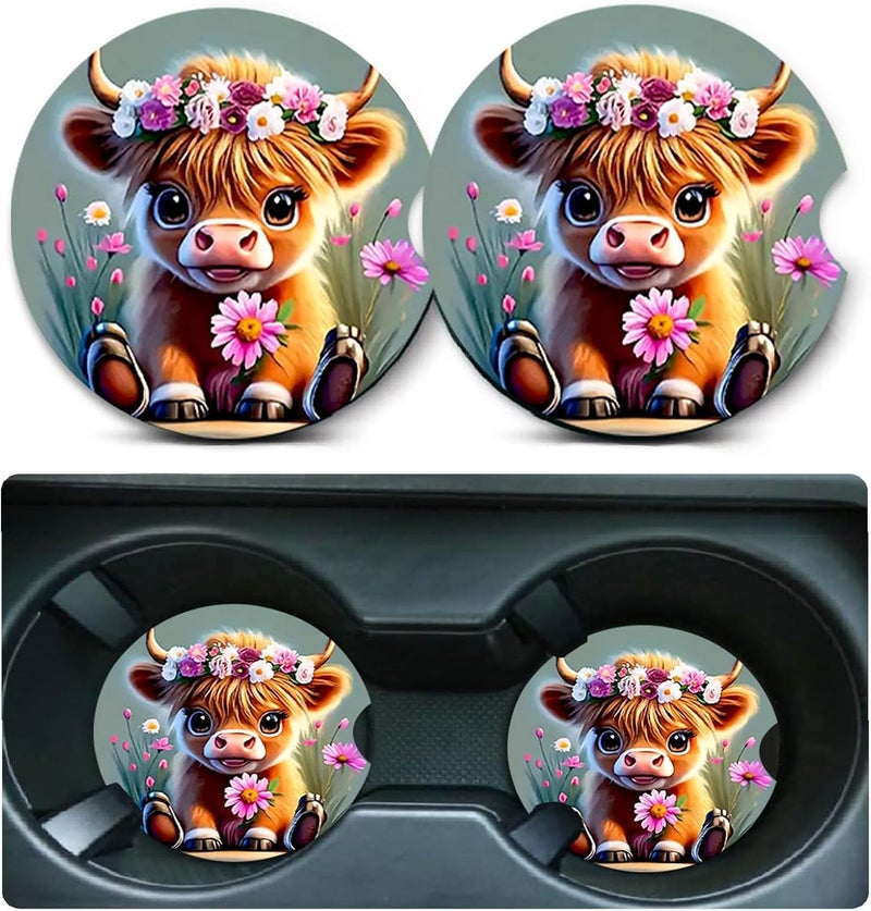 Ldntly Car Coasters for Cup Holders,2 Pack Highland Cow Floral Car Coasters,2.75" Universal Size Anti Slip Rubber Mat,Automotive Cup Holder Gifts for Cow Lovers for Women,Men,Mom - Image 1