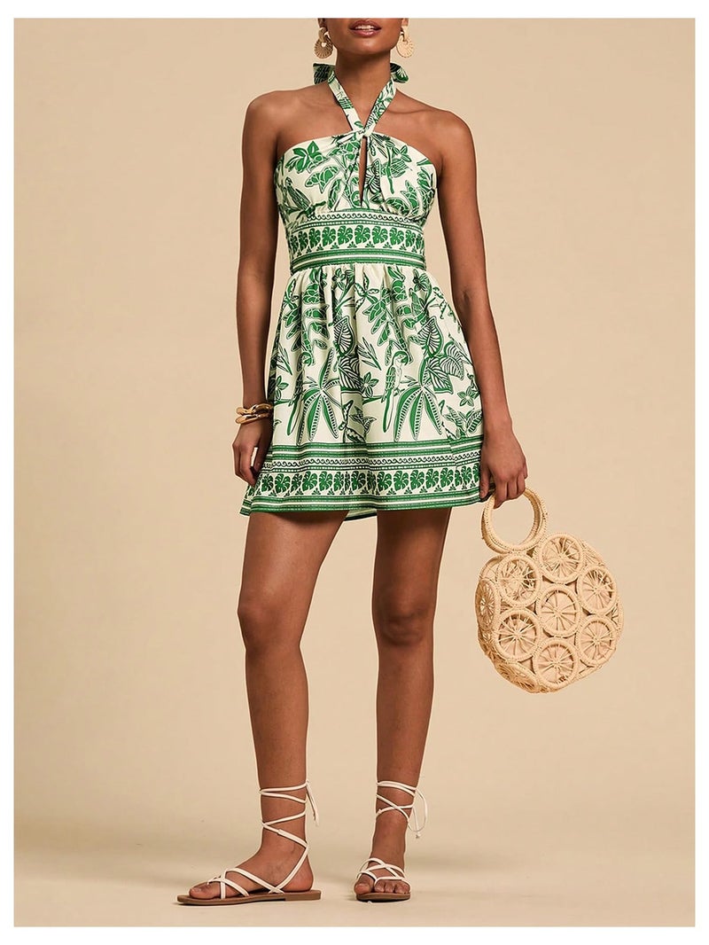 Floerns Women's Floral Print Sleeveless Halter Neck Tie Back Summer A Line Dress Green Medium - Image 5