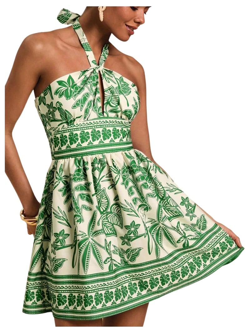 Floerns Women's Floral Print Sleeveless Halter Neck Tie Back Summer A Line Dress Green Medium - Image 1