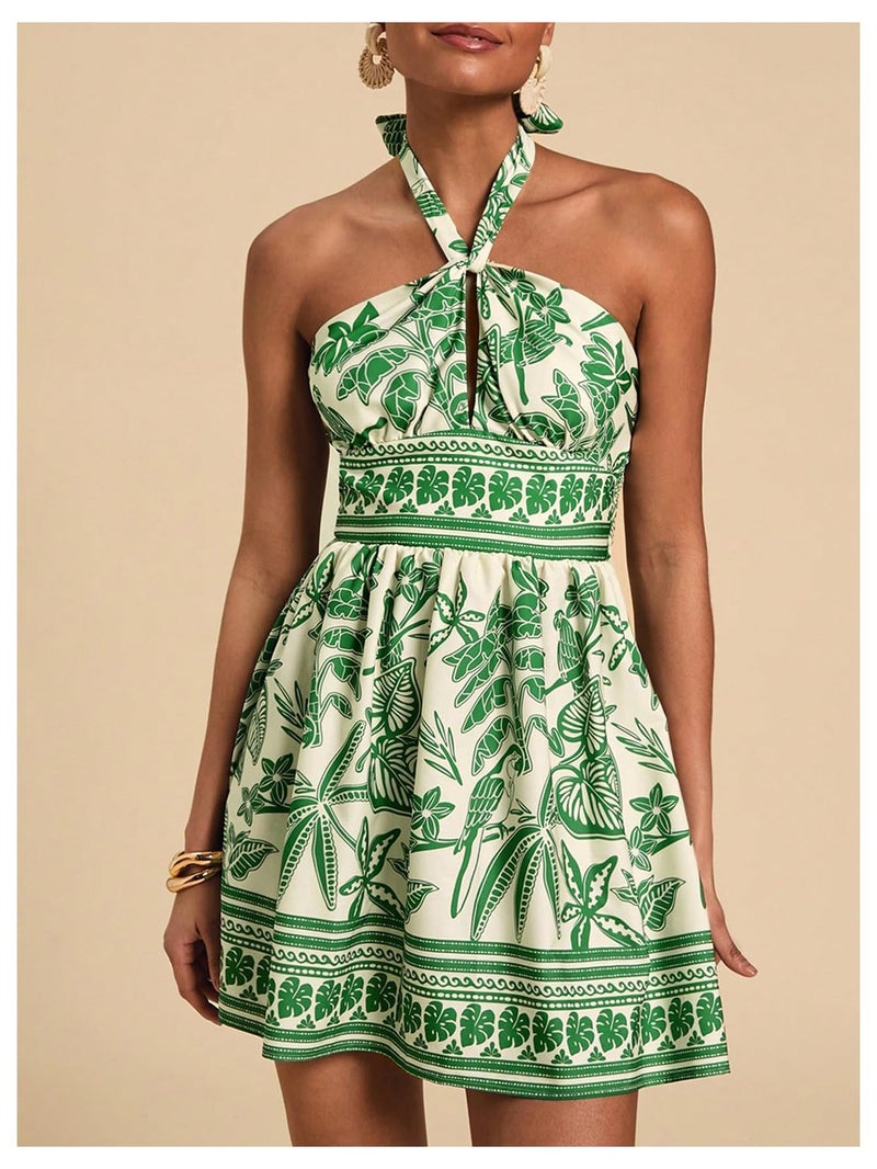 Floerns Women's Floral Print Sleeveless Halter Neck Tie Back Summer A Line Dress Green Medium - Image 3