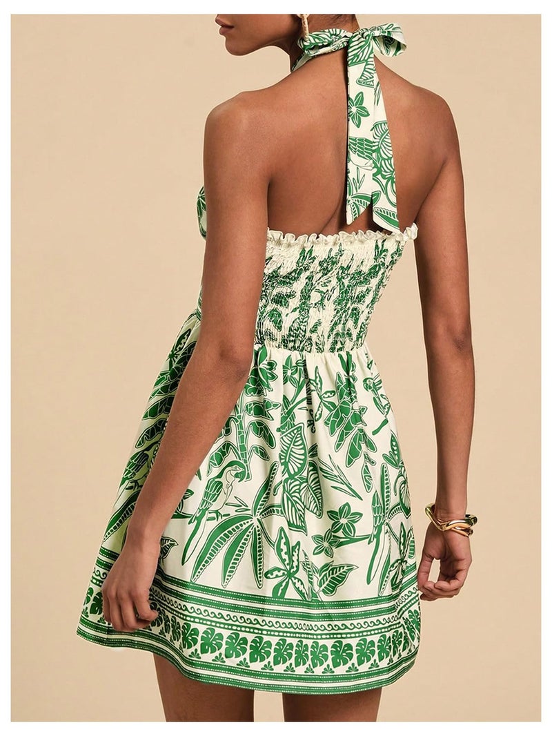 Floerns Women's Floral Print Sleeveless Halter Neck Tie Back Summer A Line Dress Green Medium - Image 4