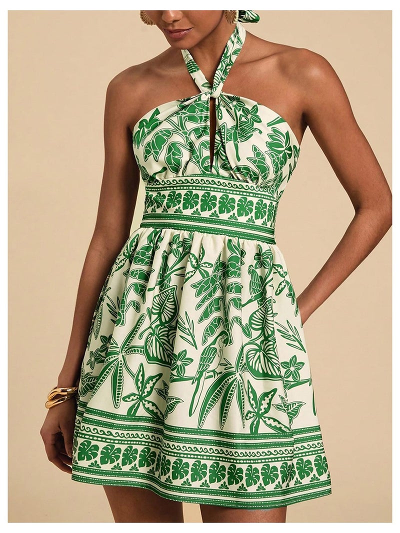 Floerns Women's Floral Print Sleeveless Halter Neck Tie Back Summer A Line Dress Green Medium - Image 2